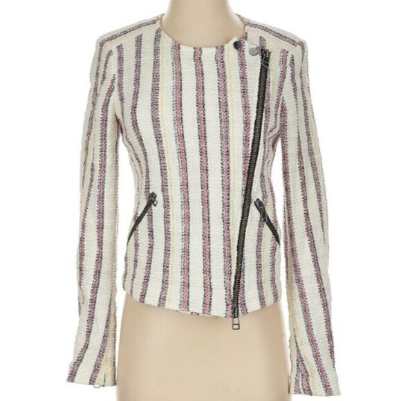 Veronica Beard Mara Moto Tweed Jacket Striped Sz 4 White Black Red Yellow Zipper - Picture 1 of 12